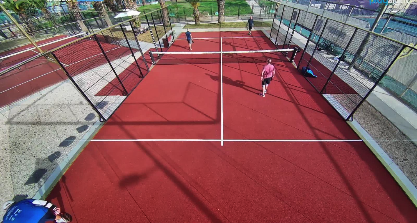 PlaySight camera field of view: full outdoor red padel court seen from above the back glass